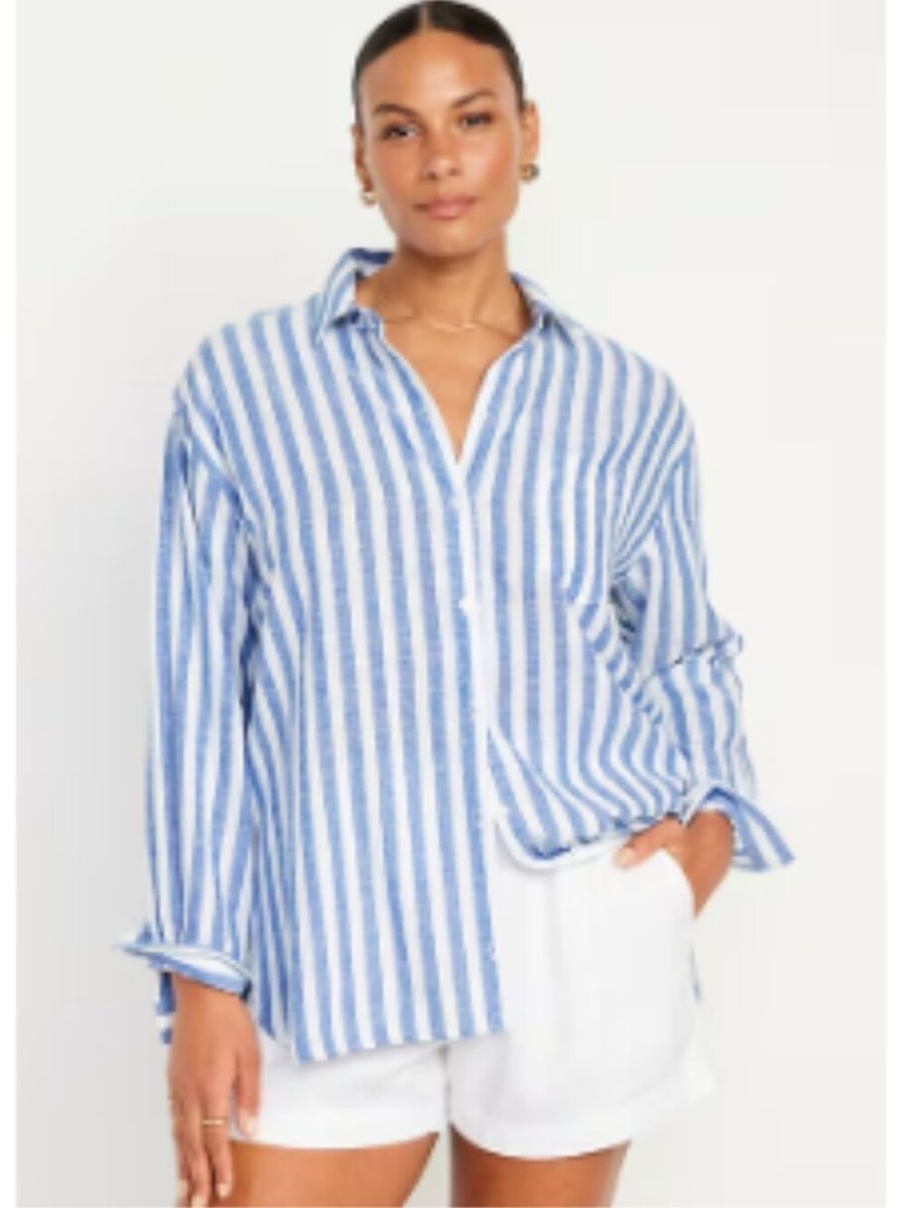OLD NAVY Linen-Blend Striped Boyfriend Shirt Blue White Stripes Coastal Beach XS